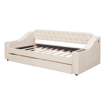 Acosure Twin Size Upholstered Daybed with 2 Large Drawers and USB Port,Bed Frame W/Armrests & Wood Slat Spport,for Bedroom,Apartment,Guest Room,Beige