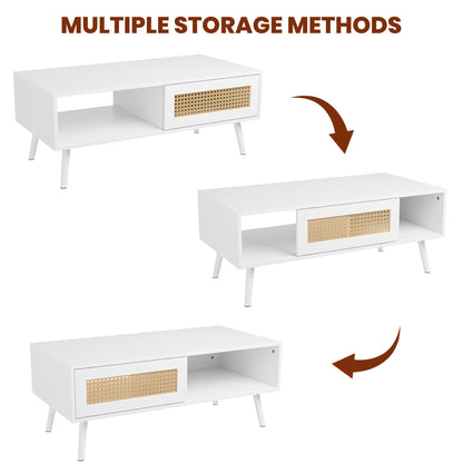 IDEALHOUSE Living Room Table Sets of 2, Includes 47" Rattan TV Stand Storage Cabinet for 55" TV, Farmhouse Coffee Table with Storage Shelf for Bedroom