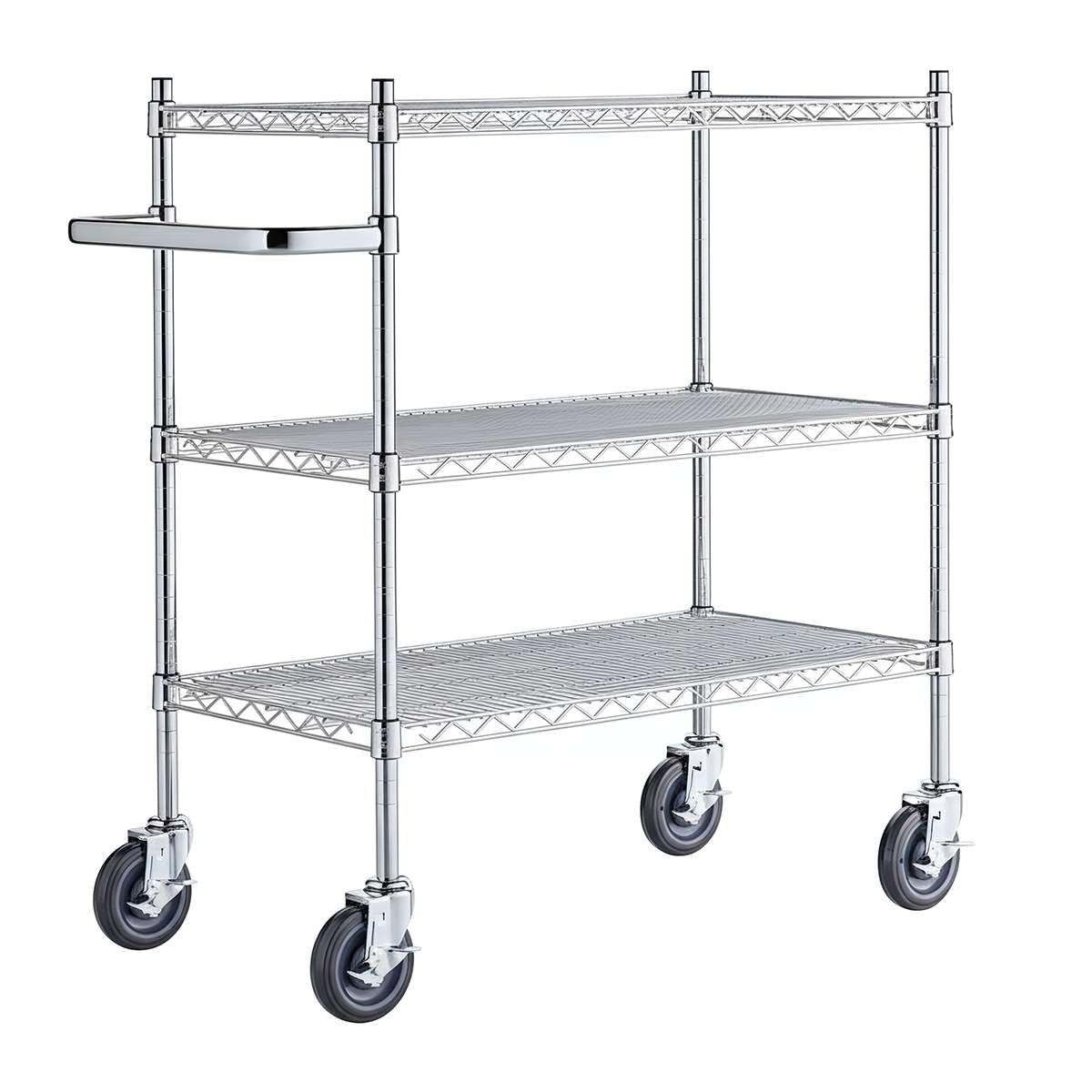 18" x 41 3/4" x 39" Commercial NSF Chrome 3 Shelf Metal Utility Cart with U-Shaped Handle - Heavy-Duty Wire Rolling Cart with Casters, Mobile Serving Storage Cart for Warehouse, Office, Kitchen
