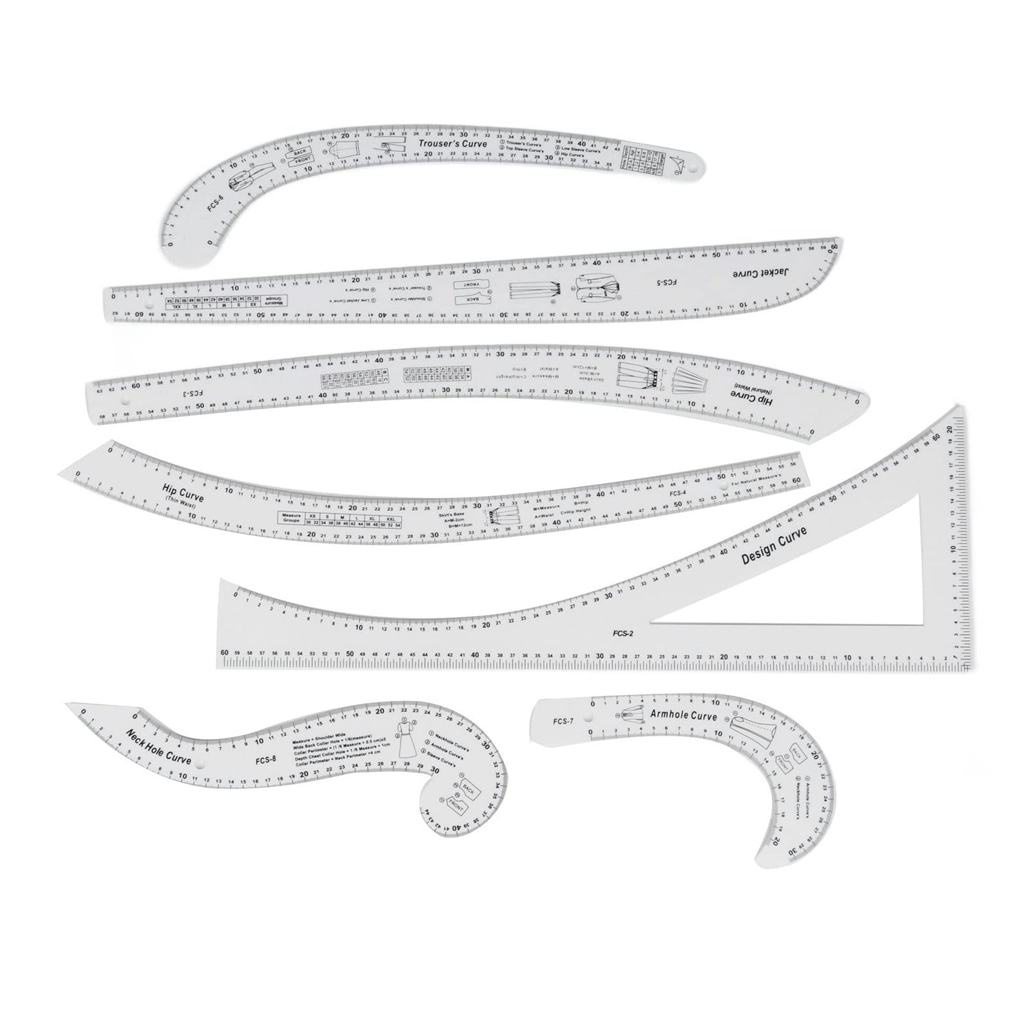 French Curve Ruler Set 7Pcs Acrylic Clear Sewing Ruler Tailor Kit for Dress Making
