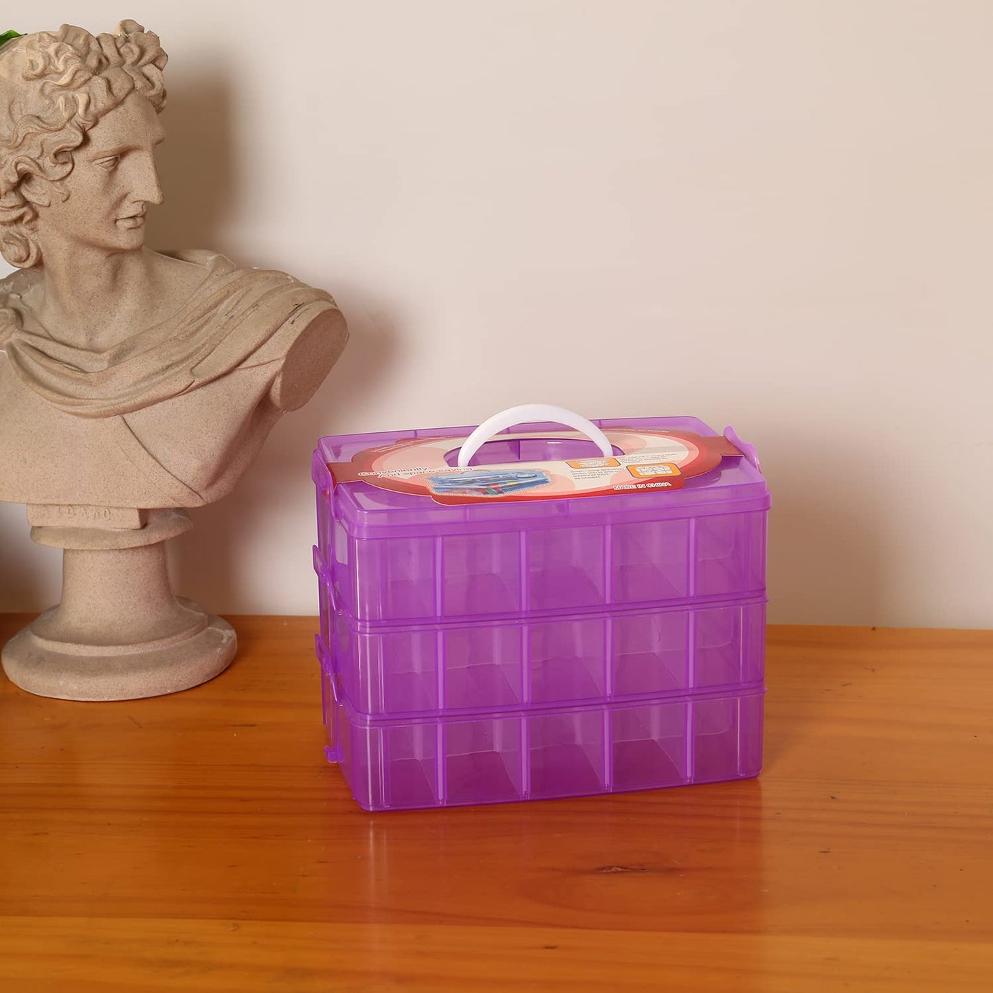 Sooyee 3-Tier Bead Organizer, Stackable Craft Storage Containers with 30 Adjustable Compartments for Washi Tape, Toy, Hair Accessories, Art Supplies, Fishing Tackle, Purple, 10" L x 6.7" W x 7" H