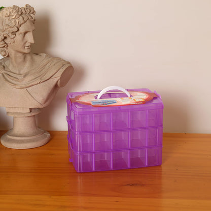 Sooyee 3-Tier Bead Organizer, Stackable Craft Storage Containers with 30 Adjustable Compartments for Washi Tape, Toy, Hair Accessories, Art Supplies, Fishing Tackle, Purple, 10" L x 6.7" W x 7" H