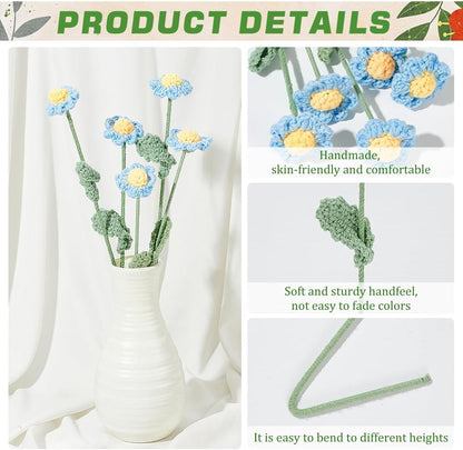 FINGERINSPIRE 5 pcs Handmade Crochet Daisy Flower Bouquet, Light Sky Blue Knitted Cotton Artificial Flowers for Home