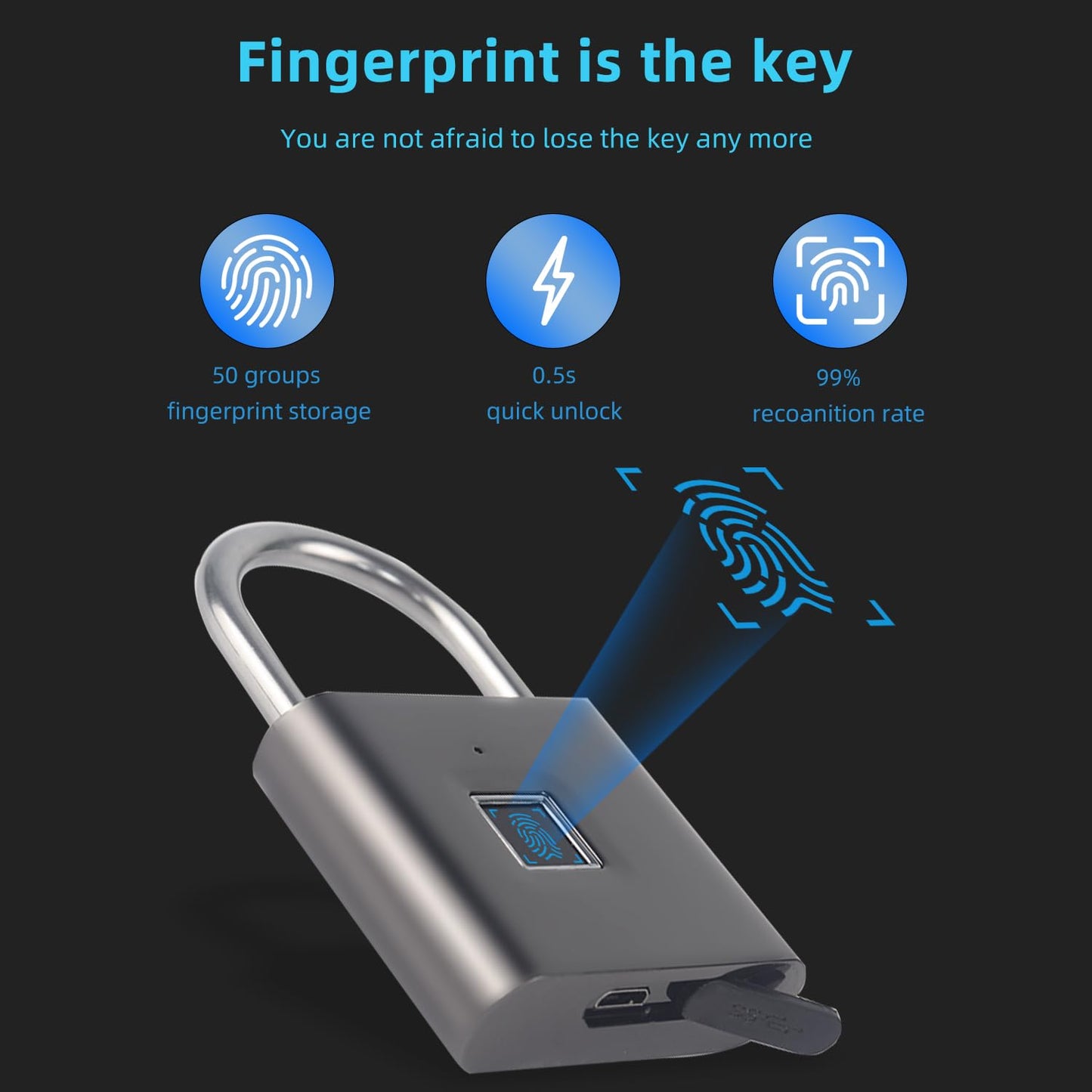 KENRONE Keyless Portable USB Charging Fingerprint Lock,Smart Padlock Quick Unlock Waterproof and Rustproof,Smart Lock for Warehouses, Gym, Schools, Homes, Office Cabinets (Black)
