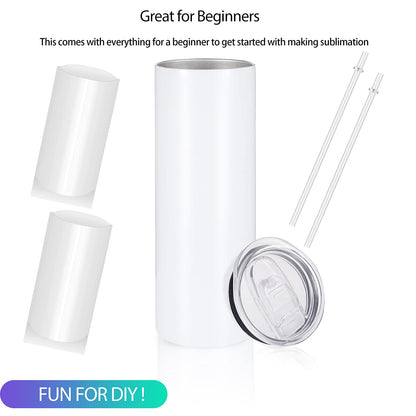 YOUKE OLA 24 Pack Sublimation Tumblers Straight Skinny Blanks 20oz for Heat Transfer, Individual Gift Boxed, Double Wall Insulated Tumbler with Shrink Wrap Films & Heat Tape & Straws, White