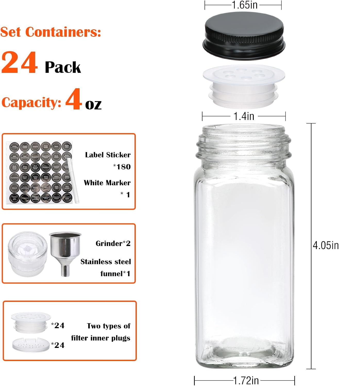 Maredash 24pcs with180 Spice Jars Labels,Glass Spice Jars, Seasoning Containers,Seasoning Organizer,Include black metal