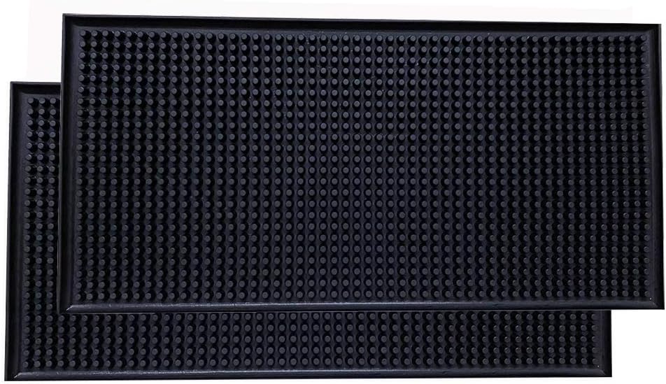 Bar Mat 12" x 6", Rubber Spill Mat for Cocktail Bartender Set of 2, Coffee Bar or Countertop Glass Drying Mat (Black)