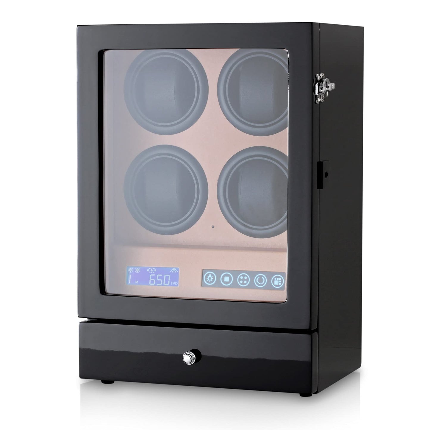 Automatic Watch Winder with LED Light, Storage Drawer and LCD Touchscreen Control (Black + Brown)