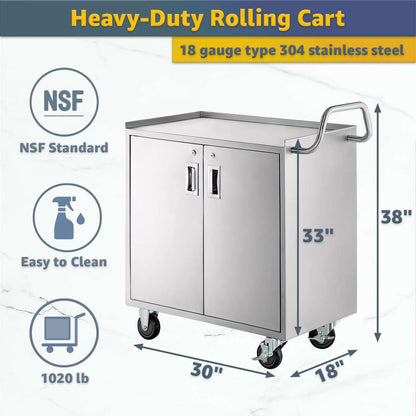 18" x 30" Stainless Steel Utility Cart with Enclosed Base and Locking Doors - Commercial NSF 3 Shelf Service Cart, Heavy-Duty Mobile Storage Cabinet for Kitchen, Catering, Restaurant Storage