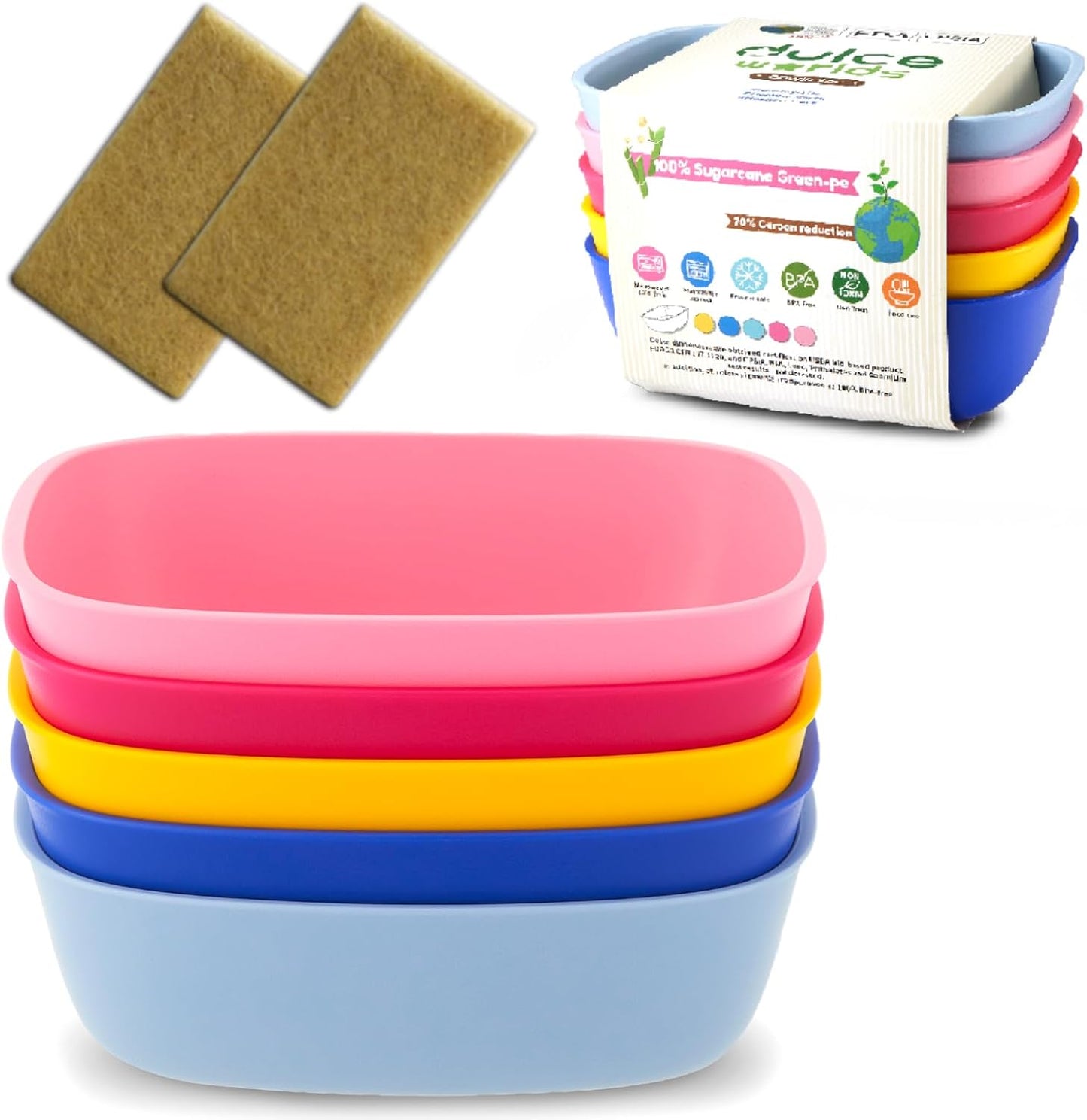 Sugarcane Kids Bowls 5Pack, Natural Plastic Dishes for Toddler to Big Kids, Microwave & Dishwasher Safe