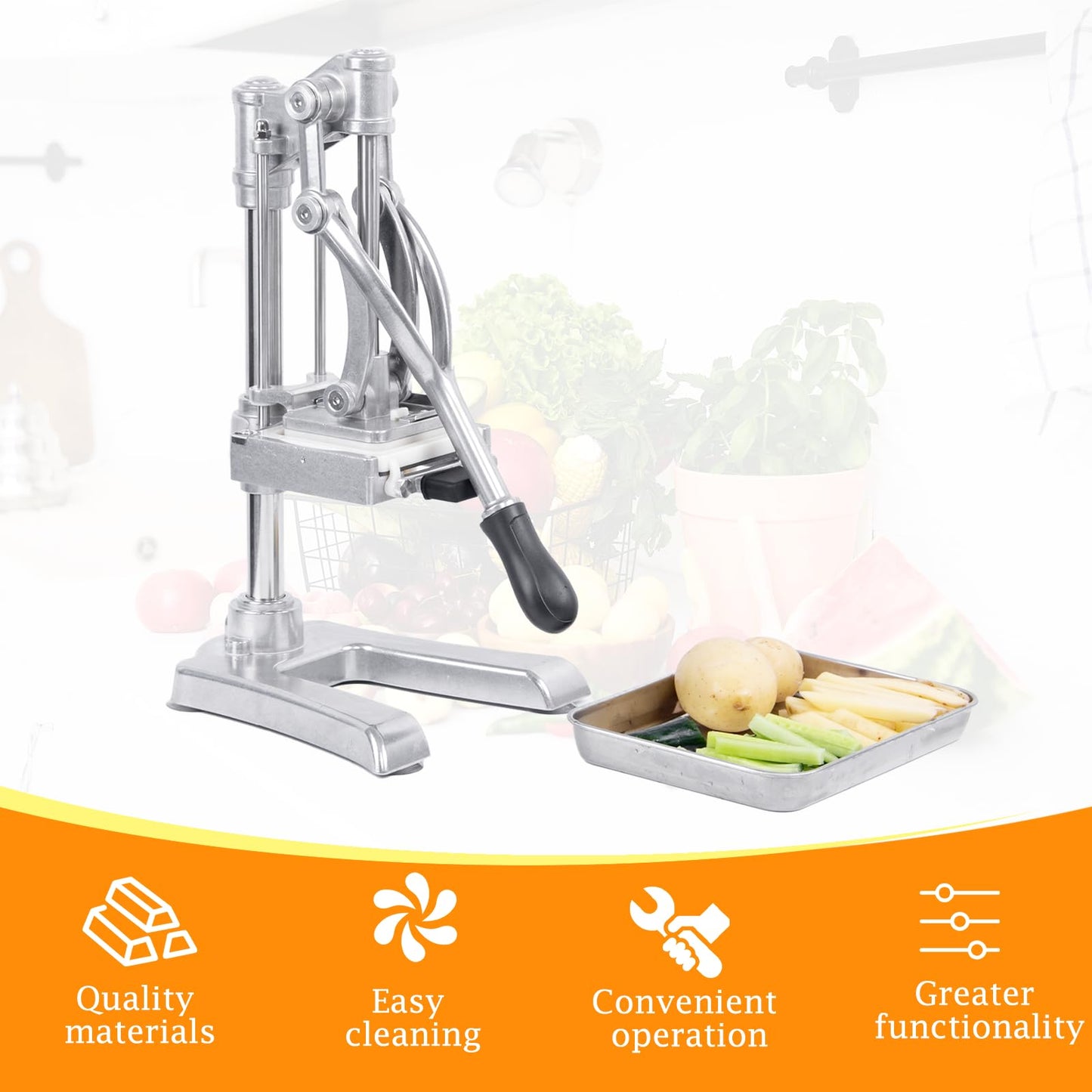 Rismanor Multifunctional Manual Vegetable slicer Citrus Squeezer Juicer Machine AIO Stainless Steel French Fry Cutter Potato Slicer (Sliver, Squeezer & 1/2 3/8 1/4 Blade)
