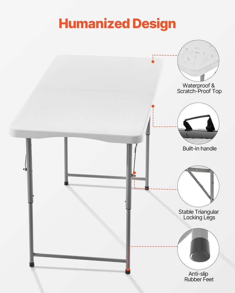 VEVOR Folding Table, Heavy Duty Portable Fold-in-Half Utility Table, Indoor Outdoor Plastic Rectangle Table with Built in Handle, for Party, Dining, Wedding, Events, Picnic, Camping, 4 ft, White