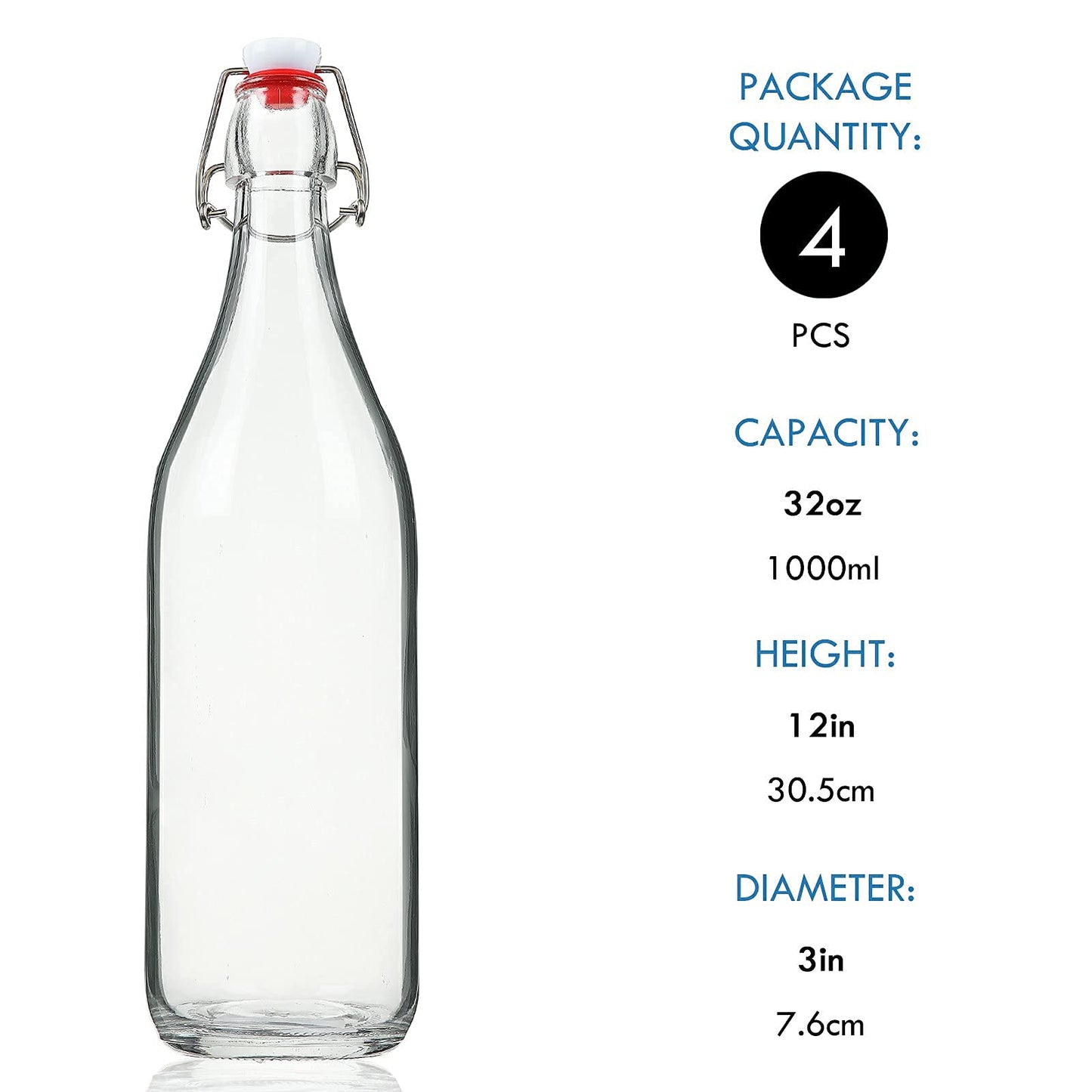 YEBODA Clear Glass Bottles with Stopper For Home Brewing Beer Kombucha Kefir & Airtight Silicone Seal 32 oz(4 Set)