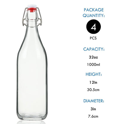 YEBODA Clear Glass Bottles with Stopper For Home Brewing Beer Kombucha Kefir & Airtight Silicone Seal 32 oz(4 Set)