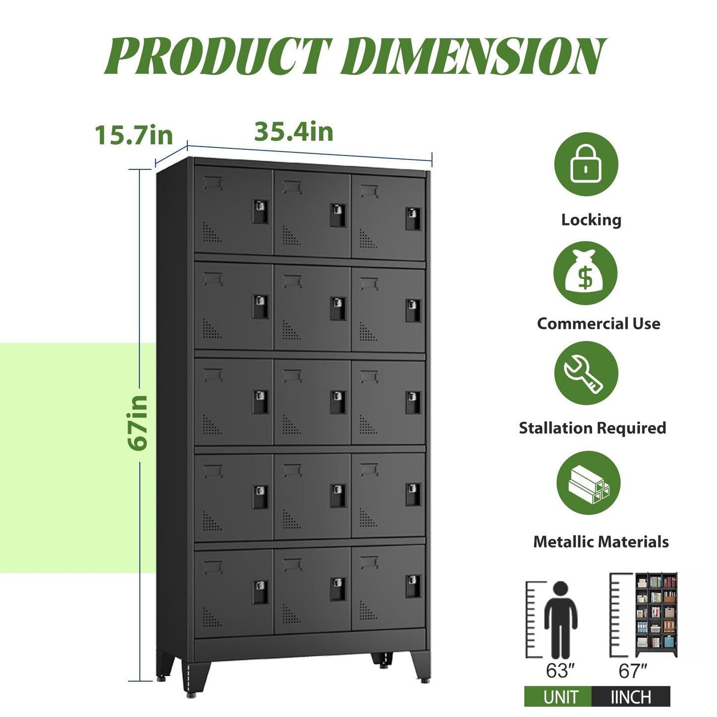 erosoei Metal Lockers for Employees, 15 Doors Metal Storage Locker with Card Slot and Ventilation Holes, Steel Employee lockers for Home Office School Gym Garage, Requires Installation