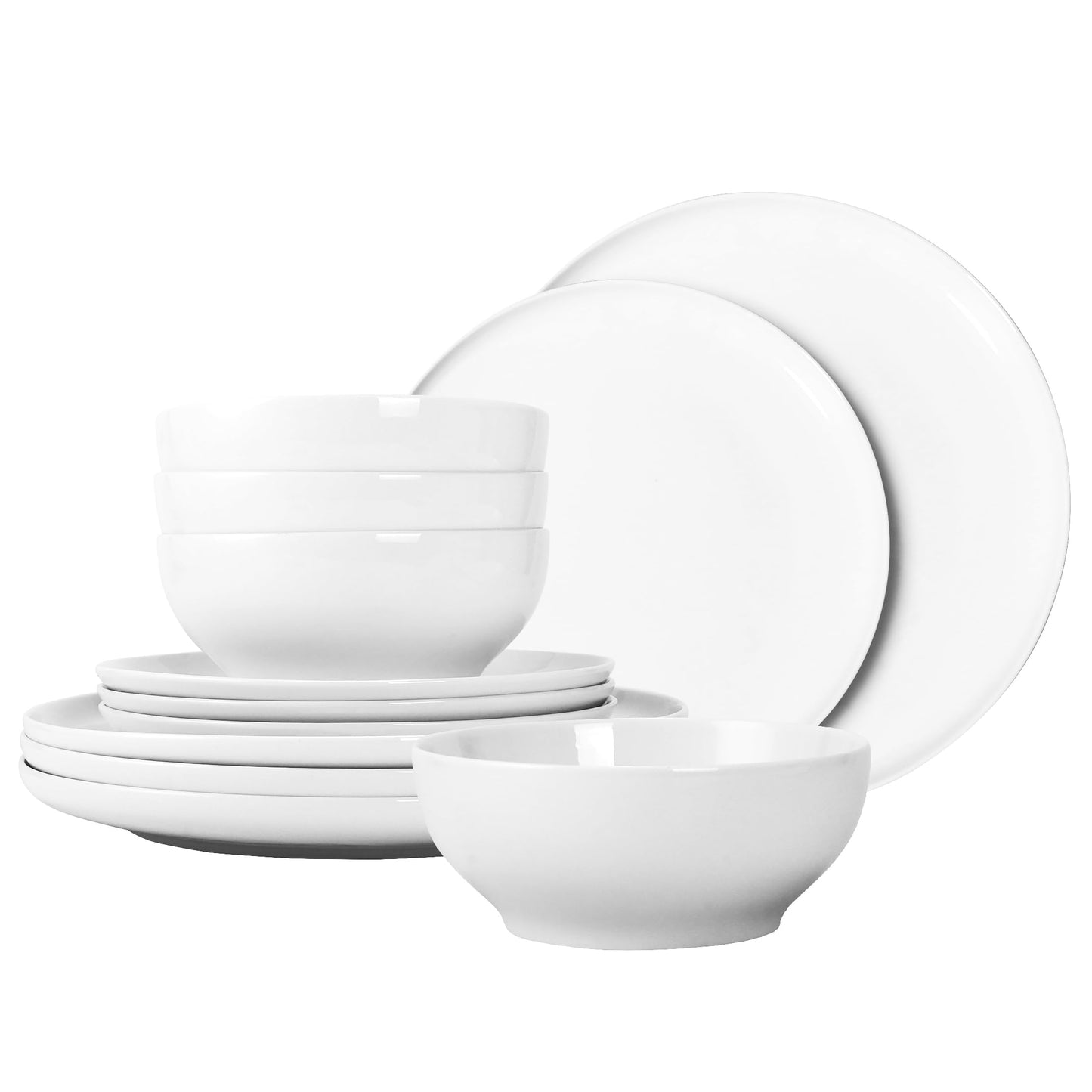 QUANSHANGJU 12-Piece Dinnerware Set for 4, White Porcelain Plates and Bowls, Chip Resistant Dishwasher Microwave Safe