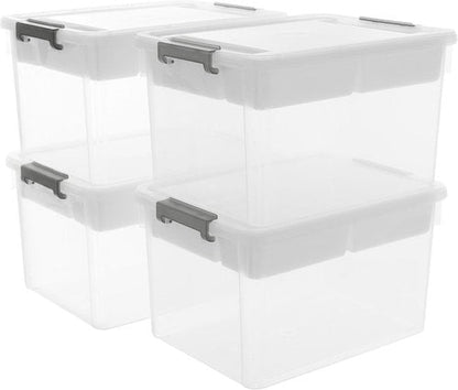Citylife 32 QT Plastic Storage Bins - Large Stackable Containers with Removable Tray | Organize Crafts, Clothes & Office Supplies (4 Pack)
