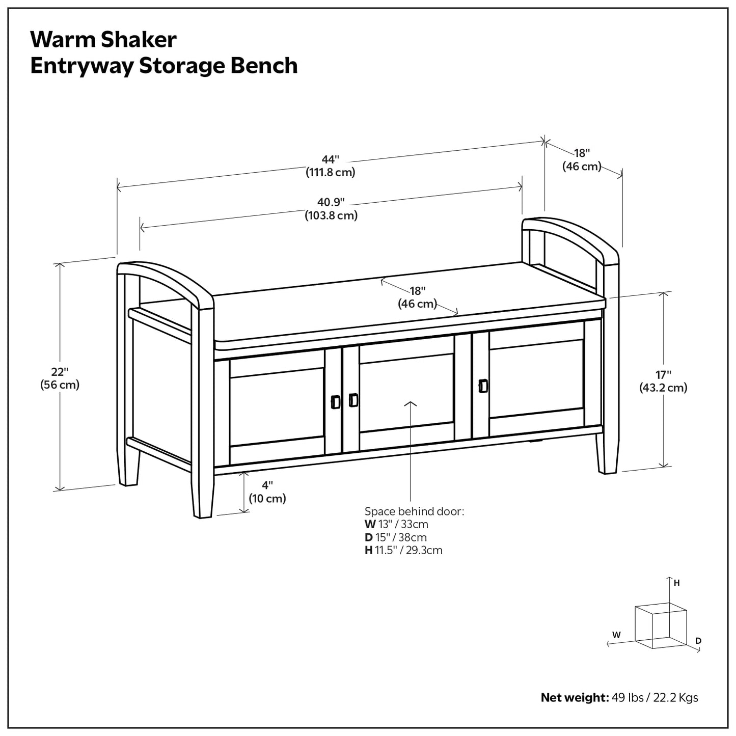SIMPLIHOME Warm Shaker Entryway Storage Bench - 44 inch Wide Solid Wood Storage Seat in White, Transitional Bench Seat for Mudroom or Living Room with Lift-Up Lid and Shaker-Style Panels