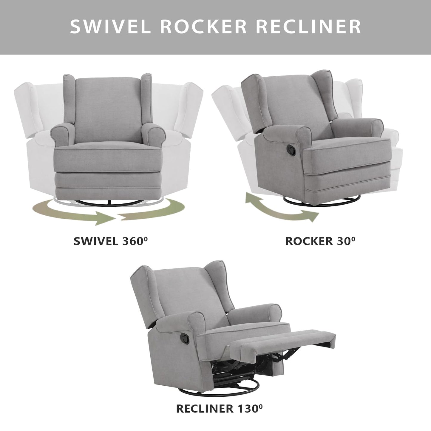 Oxford Baby Teegan Upholstered Glider Recliner Rocking Chair 360° Swivel for Nursery and Living Room - Gray
