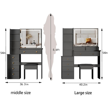 KEIKI Extra-Wide Vanity Desk with Mirror, LED Lights,3 Lighting Colors，Touch-Control,Adjustable Brightness,Cushioned Stool,41'' Makeup Vanity Table Set with 5 Storage Drawers and Shelves,Black