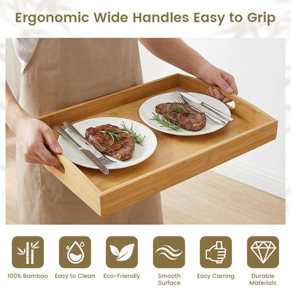 Bamboo Serving Tray with Handles - 2 Pack Wooden Food Tray for Breakfast in Bed, Eating, Decor and Storing - Decorative Trays Platter Use for Kitchen, Ottoman, Living Room, Party and Restaurant
