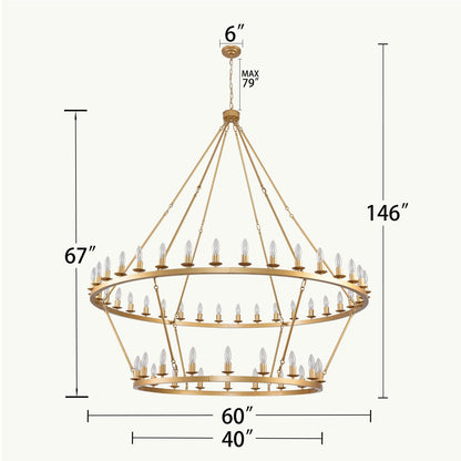 JKLX 60 Inch Gold Extra Large Wagon Wheel Chandelier, 2 Tier 54-Lights Farmhouse Industrial Round High Ceiling Pendant Light Adjustable Chain, for Dining Room, Living Room