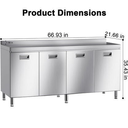 ZZV Stainless Steel Table Cabinet for Prep & Work 21 x 66 Inch, Heavy Duty Prep Table with 4 Pull-Out Doors, Commercial Workbench with Cabinet for Kitchen, Restaurant, Hotel, Garage, and Warehouse