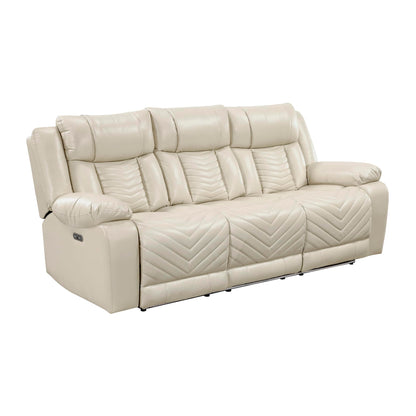 Lexicon Wall Hugger Power Double Reclining Sofa with Center Drop-Down Table, Faux Leather Home Theater Seating with LED Lighting/USB Charging Ports/Wireless Charger/Cup Holders, Magazine Pocket, Beige
