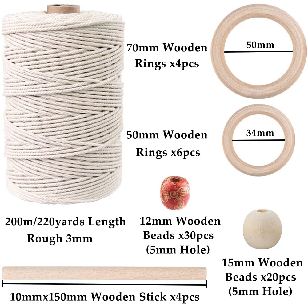 ZXCDINO 87pcs Macrame Kits for Beginners 3mm x 220yards Natural Cotton Macrame Cord Wall Hanging Kit, Macrame Supplies Best for Macrame Plant Hanger with Wooden Beads,Wooden Rings