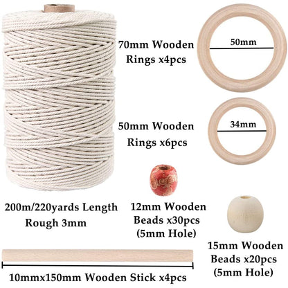 ZXCDINO 87pcs Macrame Kits for Beginners 3mm x 220yards Natural Cotton Macrame Cord Wall Hanging Kit, Macrame Supplies Best for Macrame Plant Hanger with Wooden Beads,Wooden Rings