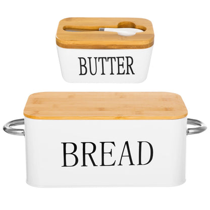Bread Box and Butter Dish, Metal Bread Storage Container with Cutting Board Wood Lid, Ceramic Butter Dish with Sealing Wood Lid & Cutter