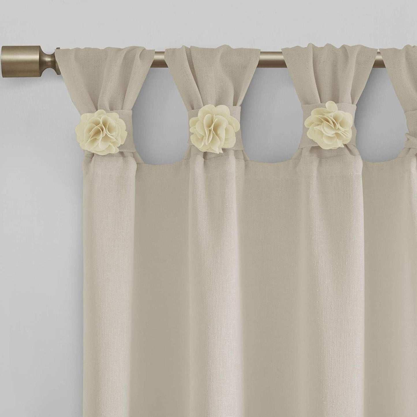 Madison Park Rosette Floral Embellished Cuff Tab Top Solid Sheer Curtain Panel Drape for Bedroom, 50"x84"
