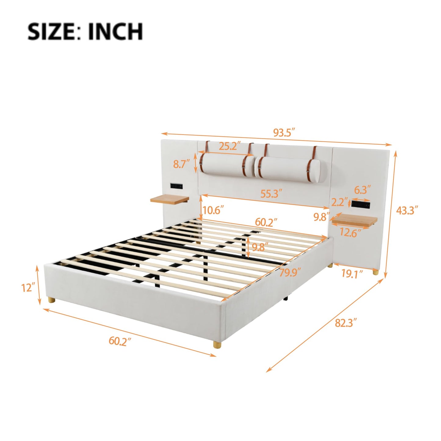 Ball & Cast Queen Upholstered Platform Bed with Oversized Soft Headboard,Wood Bedframe W/Integrated Storage Shelves,Power Outlet & USB Port on Both Sides,for Bedroom Guest Room Apartment,Beige Velvet