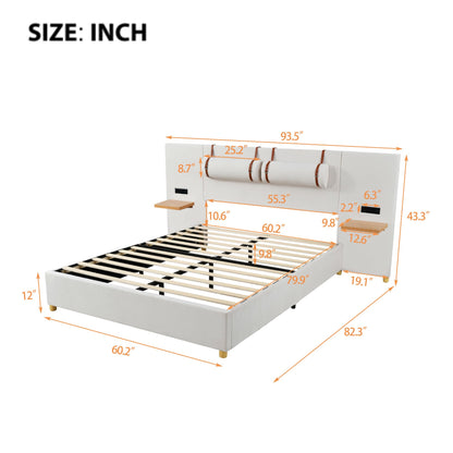 Ball & Cast Queen Upholstered Platform Bed with Oversized Soft Headboard,Wood Bedframe W/Integrated Storage Shelves,Power Outlet & USB Port on Both Sides,for Bedroom Guest Room Apartment,Beige Velvet