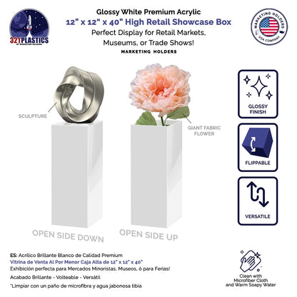Tall Display Cube 12" W x 12" D x 40" H No Lid White Acrylic Pedestal Art Sculpture Flowers Pillar Column Prop Post Stand Display Box by Marketing Holders