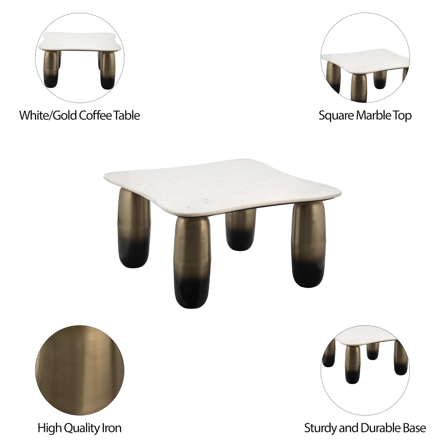 Sagebrook Home Modern Coffee Table with Square Marble Top & Sturdy Iron Legs - Accent Table for Living Room, Bedroom, Office - Elegant Contemporary Design - 16" Gold
