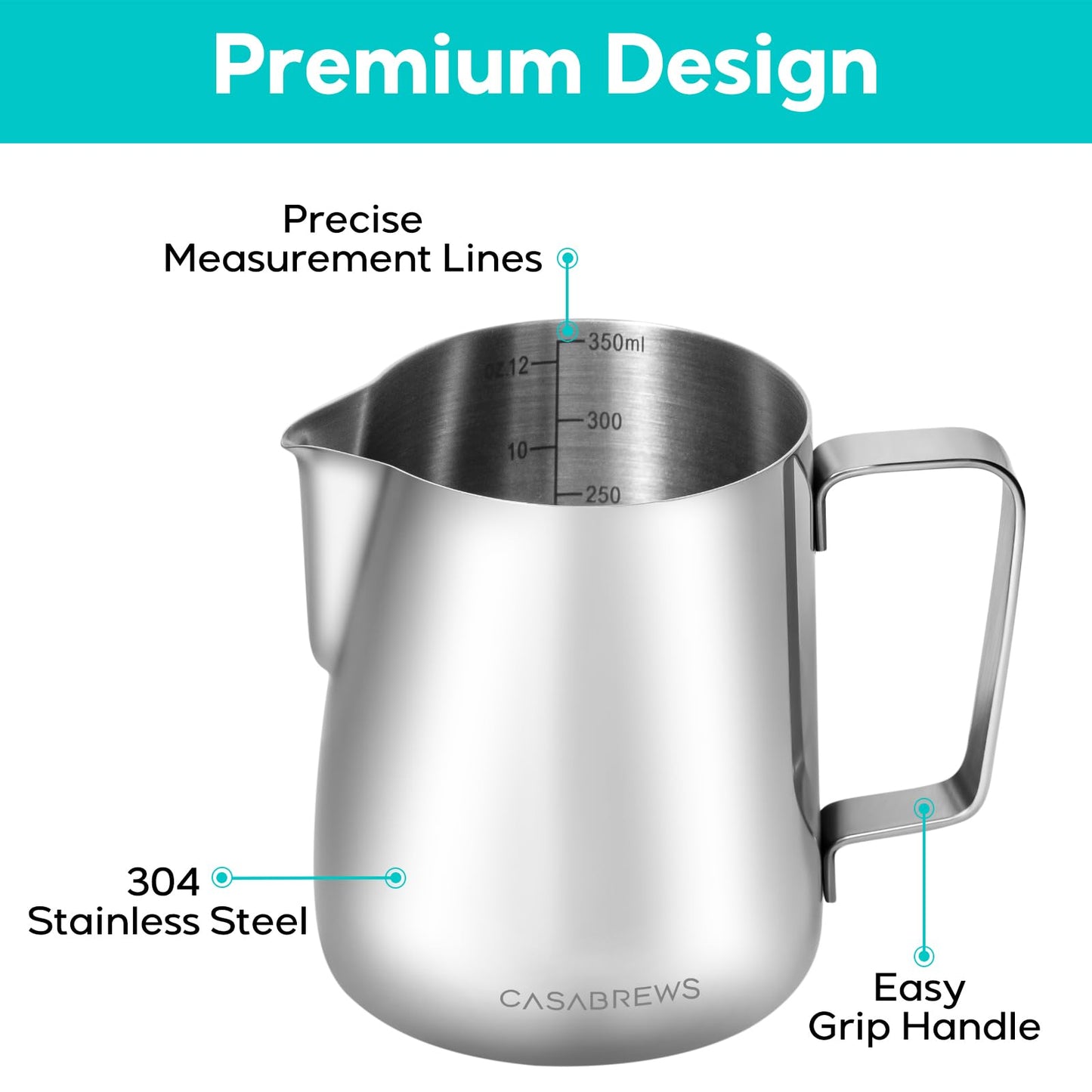 CASABREWS CASMP350 Milk Frothing Pitcher, Stainless Steel Steaming Pitcher with Sharp Spout, 350ml (12oz) Milk Frother Cup for Cappuccino or Latte Art, Espresso Machine Accessories for Barista