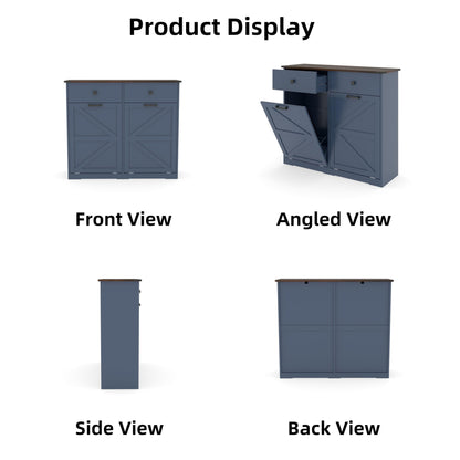 Blue Double Tilt Out Trash Cabinet for 20 Gallon Trash Cans, Free Standing Recycling Cabinet with Hideaway Drawer, Barn Door Style Laundry Sorter Cabinet, Tilt Out Trash Cabinet for Kitchen
