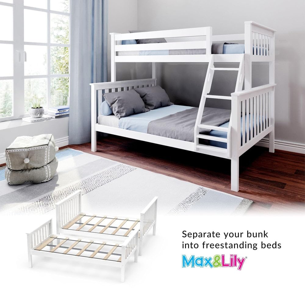 Max & Lily Bunk Bed Twin Over Full Size with Ladder, Solid Wood Platform Bed Frame with Ladder for Kids, 14" Safety Guardrails, Easy Assembly, No Box Spring Needed, White