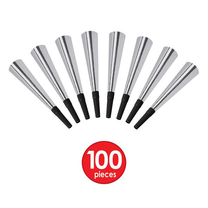 Beistle Sparkling Silver Horns – 100 Pack, Bulk Metallic Party Noisemakers for New Year’s Eve, Graduation, Weddings, Anniversaries, Sporting Events, and Loud Birthday Celebration Moments, 9"