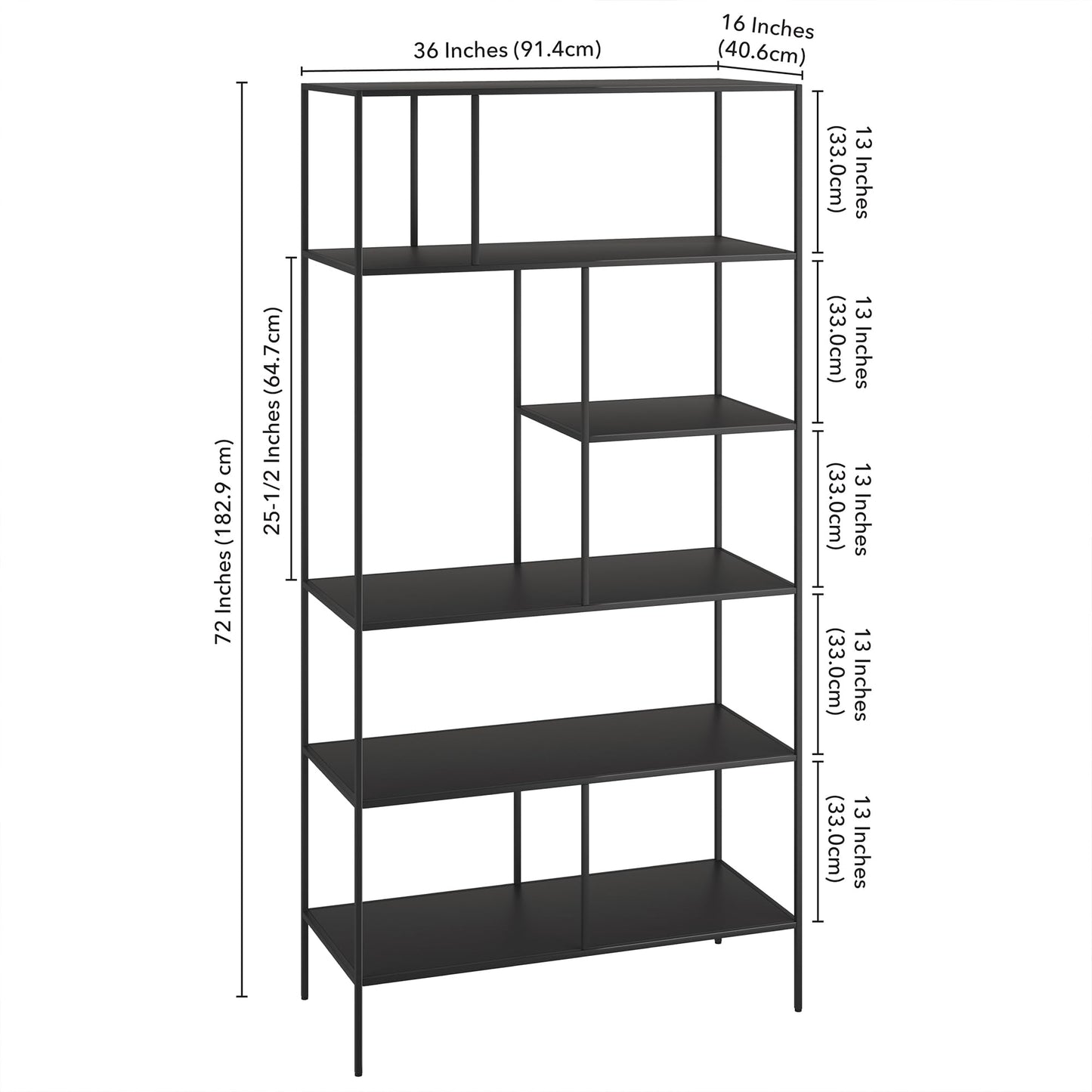 Henn&Hart 72" Modern Metal 5-Tier Bookcase with Staggered Open Metal Shelves for Living Room, Bedroom, or Office, Black