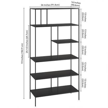 Henn&Hart 72" Modern Metal 5-Tier Bookcase with Staggered Open Metal Shelves for Living Room, Bedroom, or Office, Black