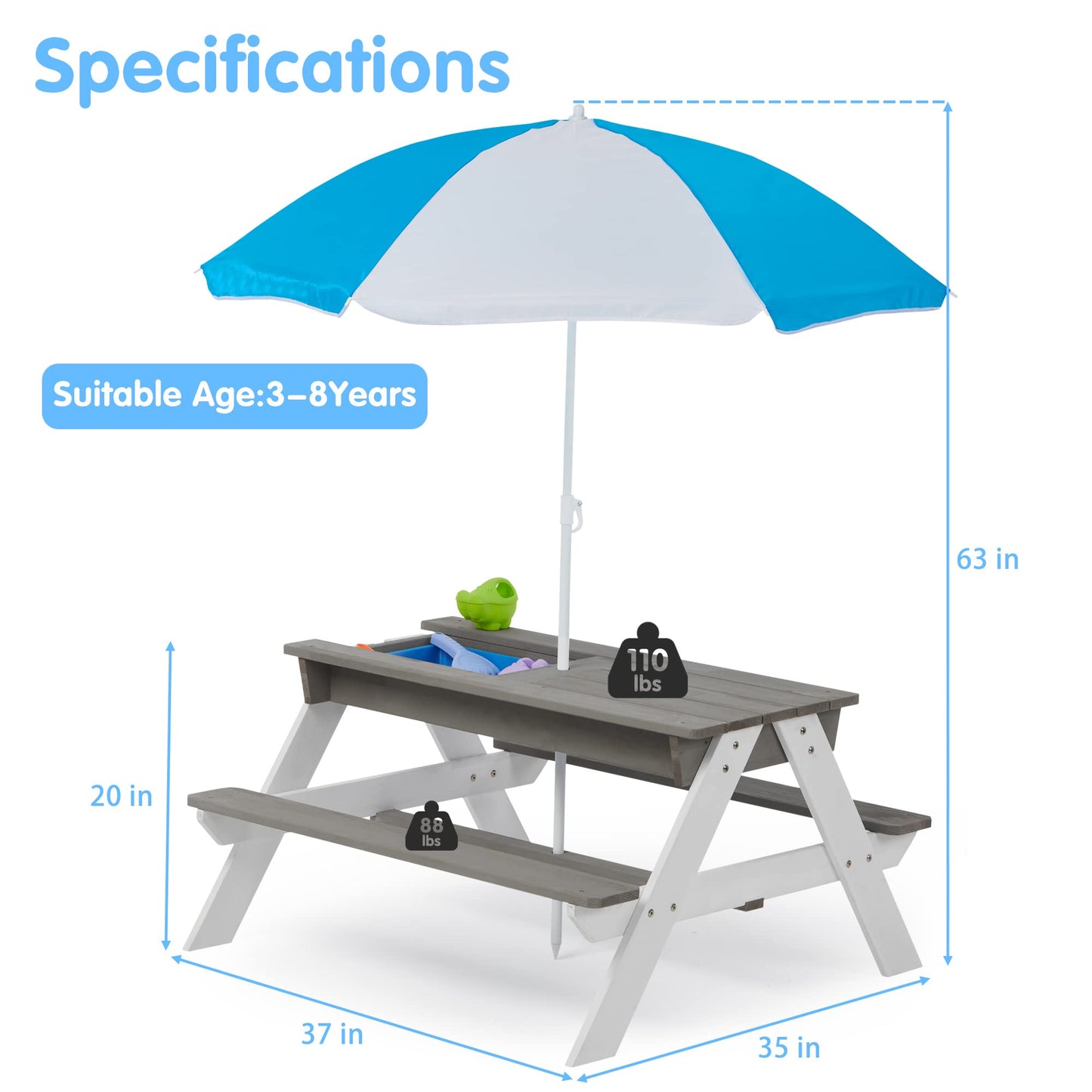 3 in 1Outdoor Wooden Picnic Table with Umbrella, Convertible Sand Wate, Gray CPSIA Certification