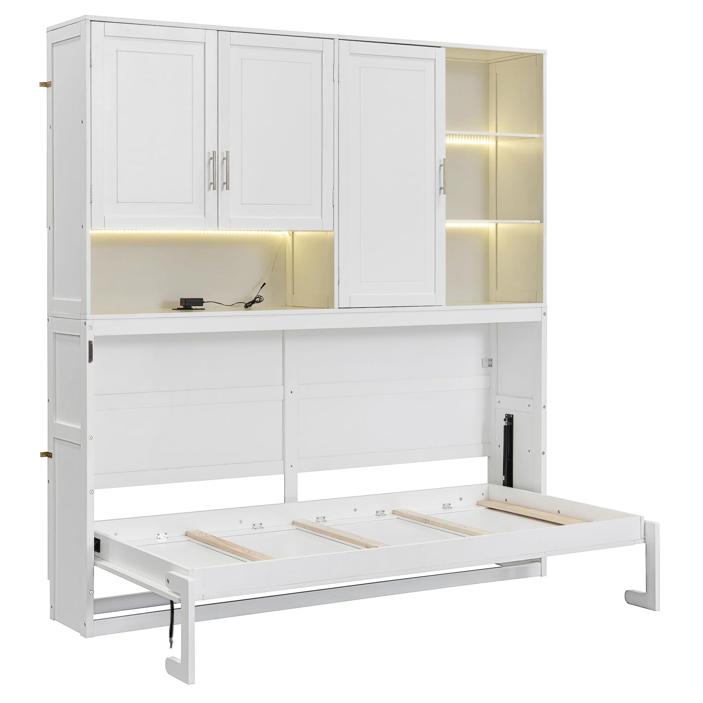 DNYN Twin Size Murphy Bed with Top Cabinets and LED for Bedroom/Guest/Study Room, Foldable Wall Bed Frame with USB and Storage Shelves, Space-Saving & No Box Spring Needed