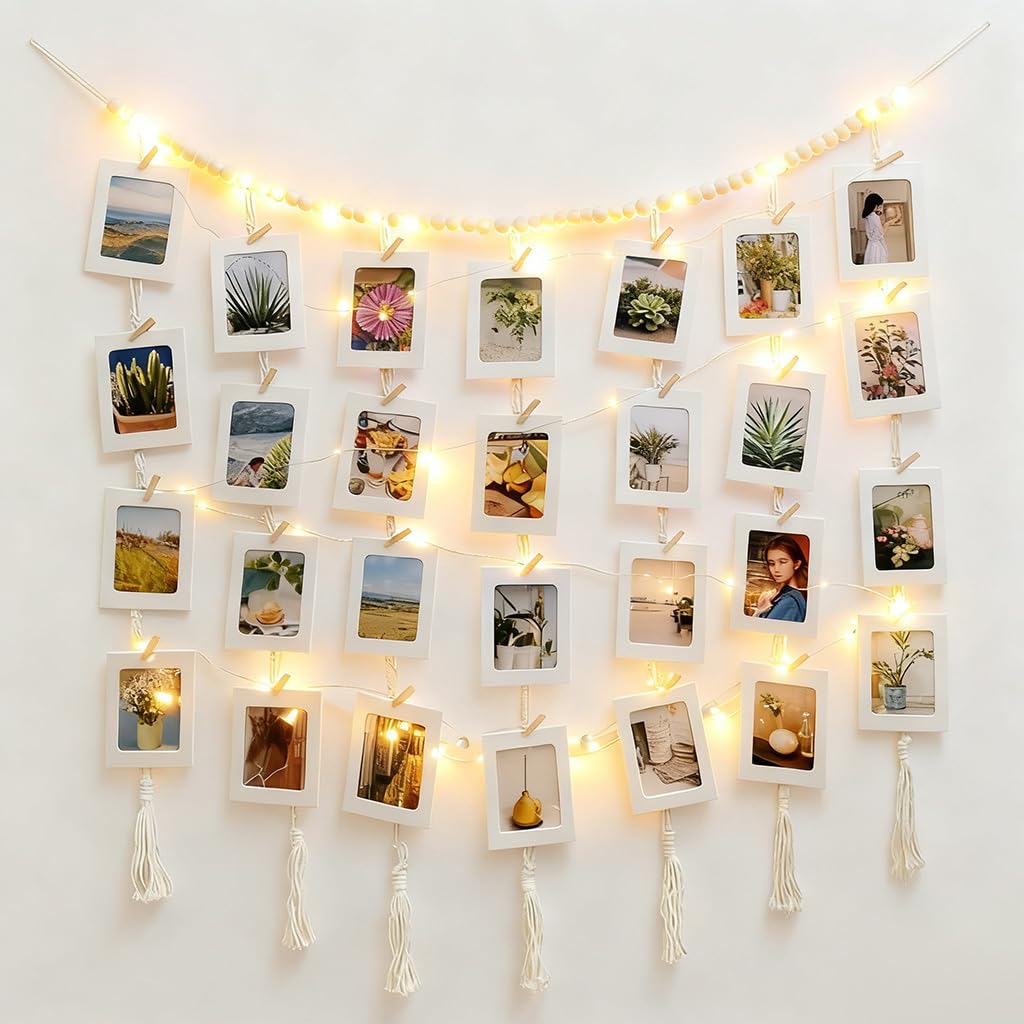 HOZII@FAB Macrame Hanging Photo Display Kit with 30 Cardstock Photo Frames & 5M Timer String Lights - Room Decor for Bedroom/Living Room/Dining Room - Ideal Gifts for Teen Girls & Craft Enthusiasts (Christmas/Birthday/Daily Surprise)