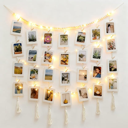 HOZII@FAB Macrame Hanging Photo Display Kit with 30 Cardstock Photo Frames & 5M Timer String Lights - Room Decor for Bedroom/Living Room/Dining Room - Ideal Gifts for Teen Girls & Craft Enthusiasts (Christmas/Birthday/Daily Surprise)