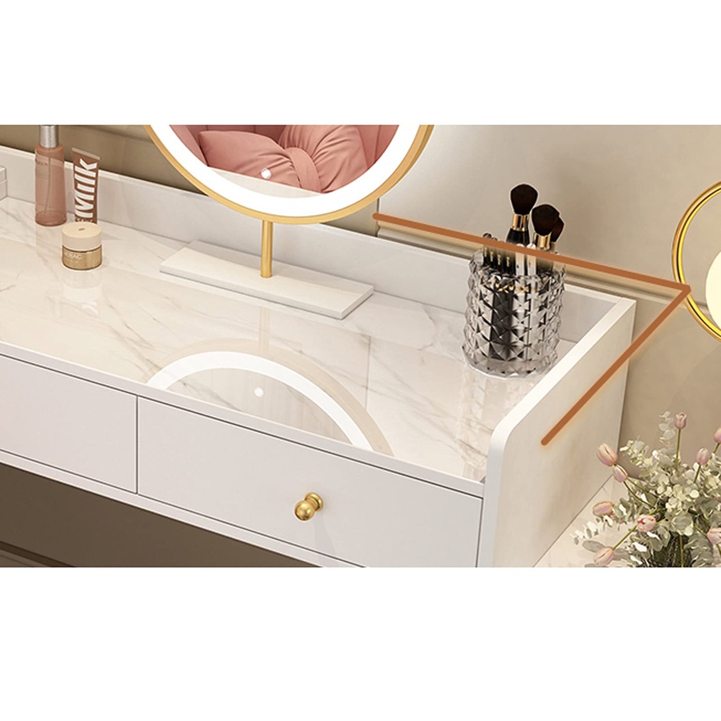 TOMYEUS Makeup Table Luxury Dressing Table Bedroom Modern Makeup Desk Storage Shelf Organizer Apartment Cabinet，Not Including Stool， White Vanity Desk