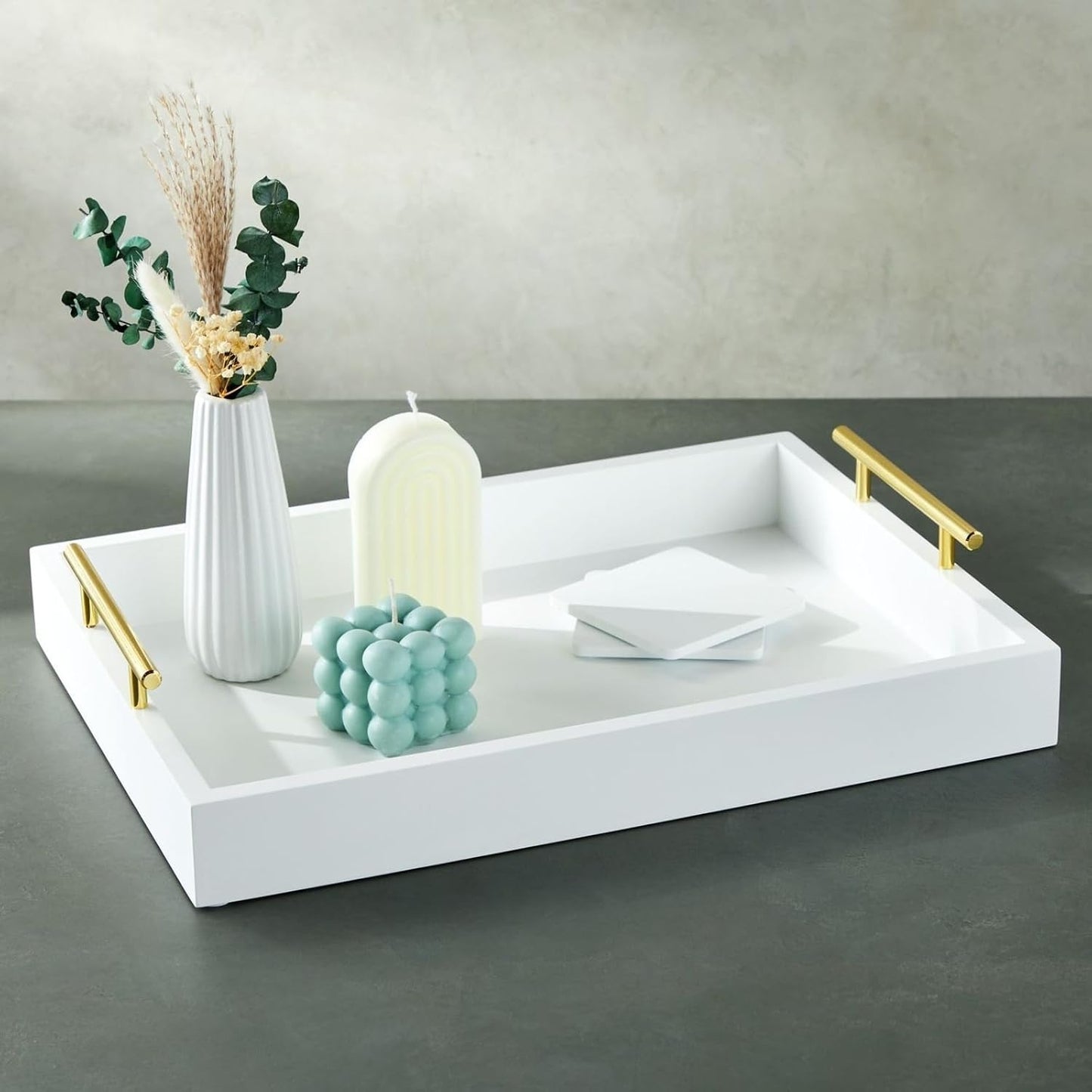 15.7" 11.8" 3.1" Juvale Ottoman Tray with Coasters & Interchangeable Gold & Silver Handles - x x - White Rustic Wood