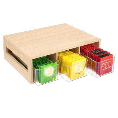 Tea Bag Organizer, Bamboo and Acrylic Tea Bag Holder with 3 Drawers, Wooden Tea Storage Organizer for Countertop, Sturdy Tea Chest Boxes for Shelf, Coffee Station, Sugar Packet, Small Packets