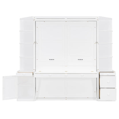 Merax Queen Murphy Bed with Desk and Storage, Hidden Wall Bed with Foldout Workstation, Shelves and Cabinets for Space-Saving Home Office, White